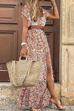 Bohemian Floral V Neck Short Sleeve Belted Side Slit Casual Maxi Dress