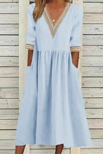 Plain Lace Edge V Neck Half Sleeve Pleated Casual Midi Dress