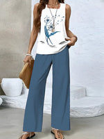 Dandelion Square Neck Sleeveless Layered Hem Tank Top and Blue Pants Two Piece Set