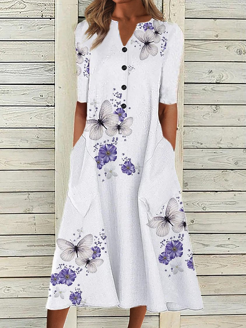 Floral Print Round Neck Short Sleeve Midi Dress With Side Pockets