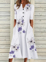 Floral Print Round Neck Short Sleeve Midi Dress With Side Pockets