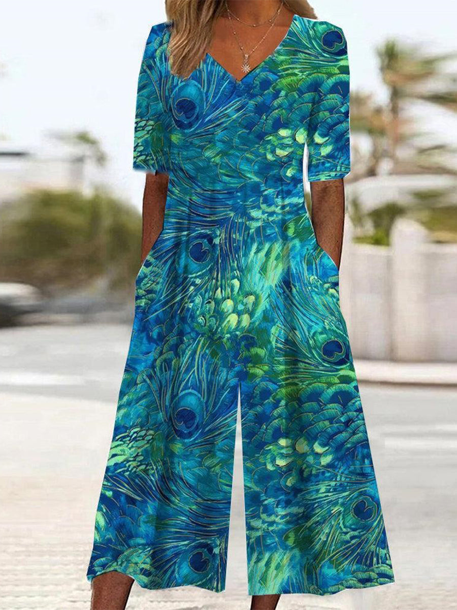 Abstract V-neck Short Sleeve Side Pocket Jumpsuit