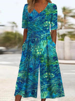 Abstract V-neck Short Sleeve Side Pocket Jumpsuit