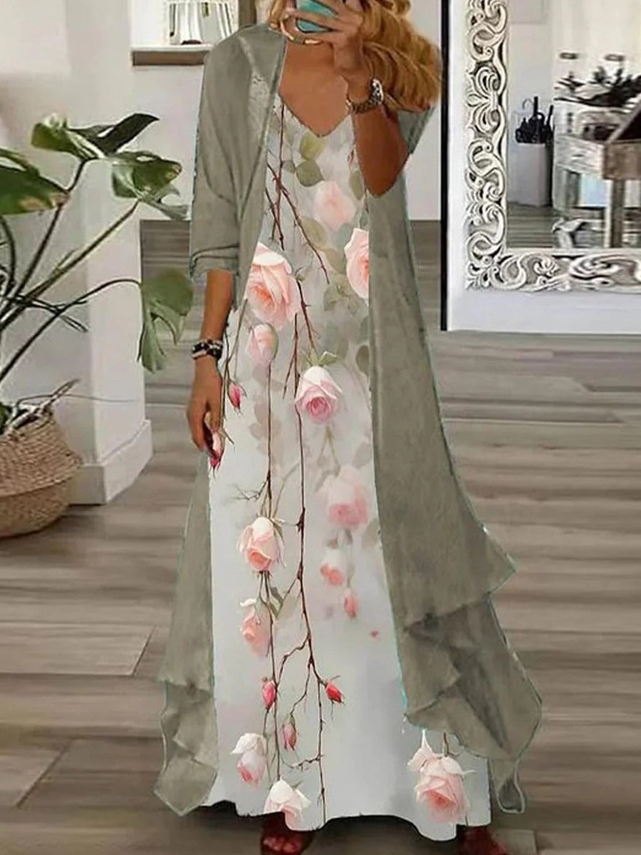 Green Floral Print V-neck Short Sleeve Maxi Dress Two Piece Set