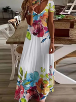 Floral Print V-Neck Short Sleeve Maxi Dress