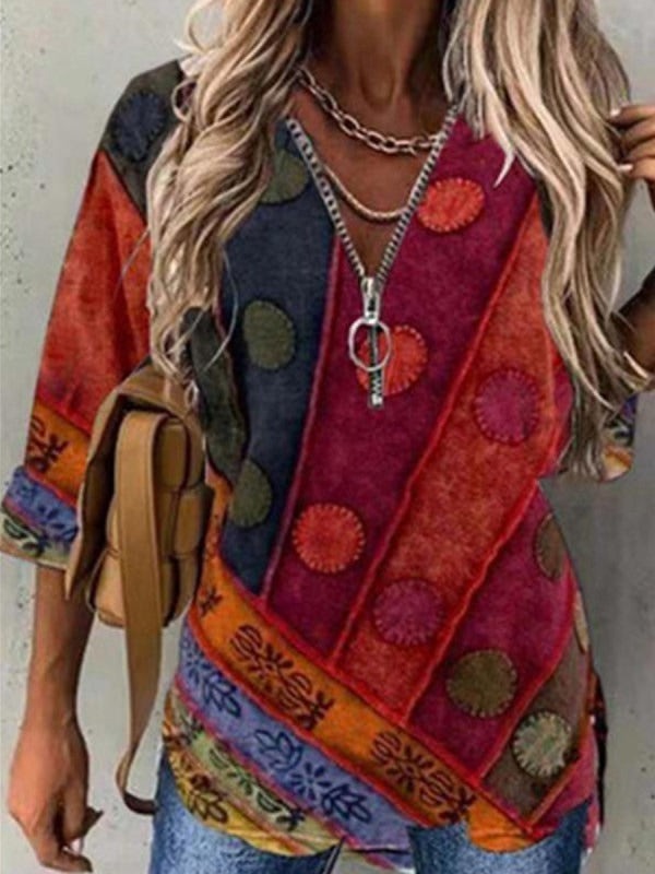 Ethnic Print V-neck Half Zip Long Sleeves Sweatshirt