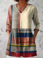 Abstract Geometric Pattern Art Print Casual V-neck 3/4 Sleeve Blouse
