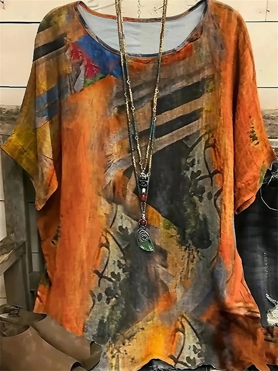 Women Abstract Print Round Neck Short Sleeve T-shirt