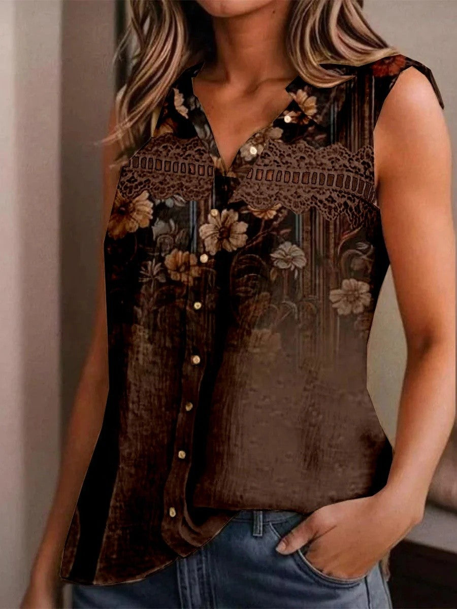 Sleeveless V-neck Graphic Lace Hollow Blouse