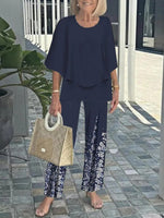 Navy 3/4 Sleeve Round Neck Two Piece Set