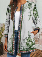 Leaf Print Crew Neck Vintage Long Sleeves Jacket