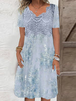 Short Sleeve V-neck Graphic Printed Lace Stitching Midi Dress