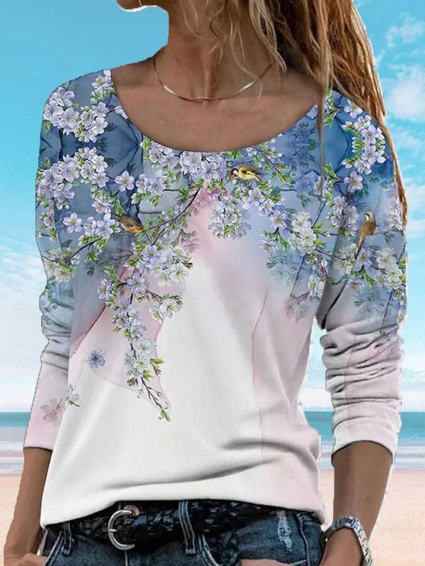 Floral Print Gradient Crew Neck Long Sleeves Sweatshirt