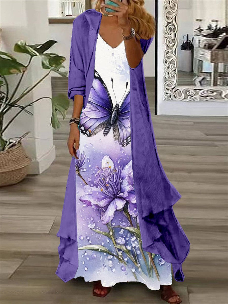 Long Sleeve V-neck Graphic Printed Two Pieces Maxi Dress