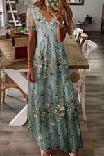 Fresh Floral Print V-Neck Short Sleeve Maxi Dress