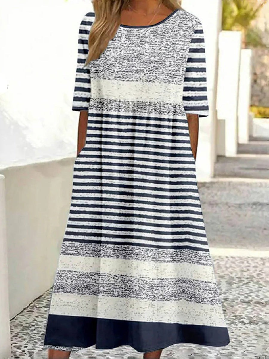 Stripe Round Neck Half Sleeve Casual Comfy Maxi Dress