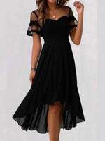 Black Mesh Patchwork Short Sleeve Elegant Party Midi Dress