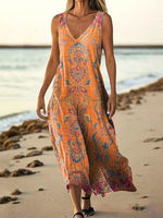 Ethnic Print V-neck Sleeveless Vacation Midi Dress