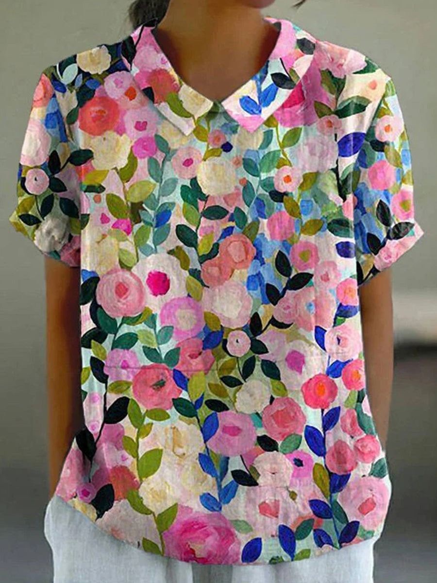 Colourful Floral Print Lapel Short Sleeve Casual Blouse