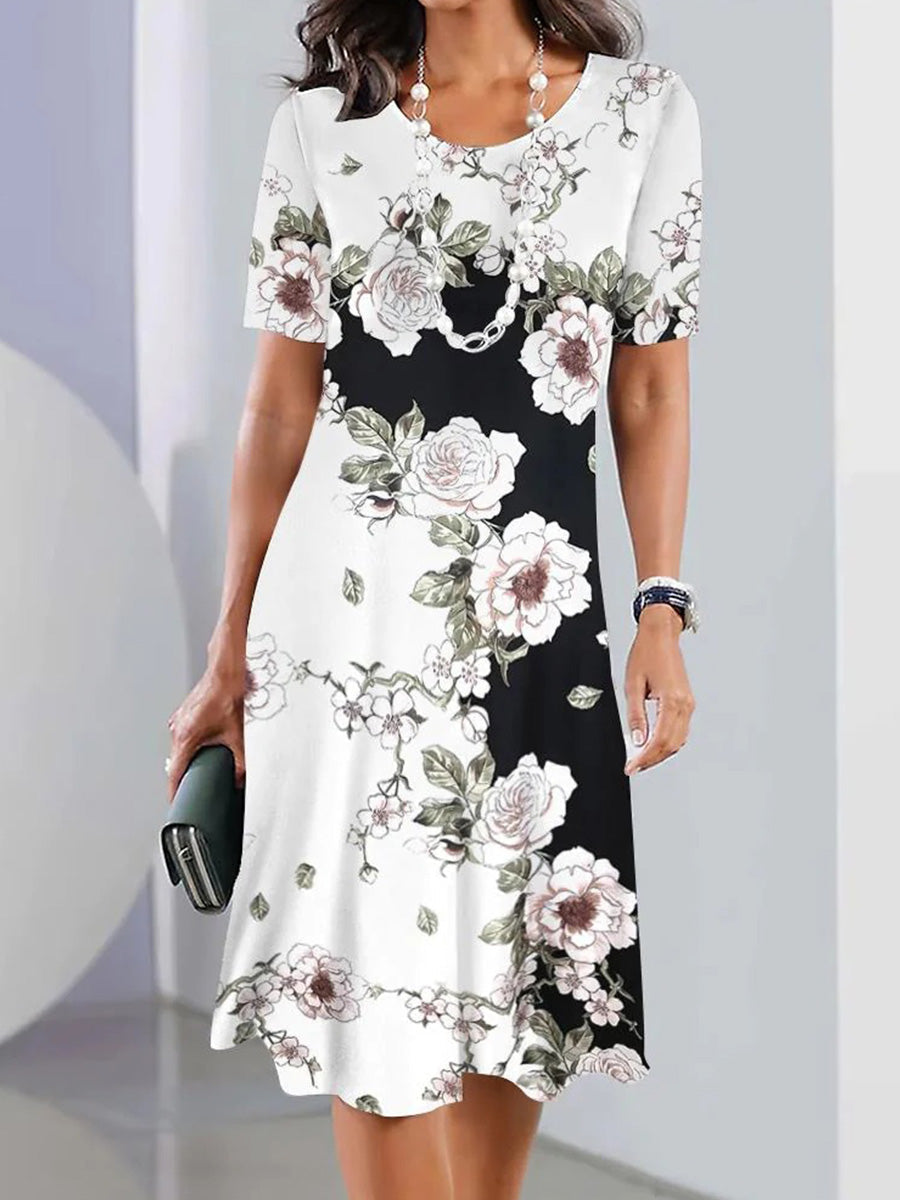 Floral Print Crew Neck Short Sleeve Comfy Mini Dress