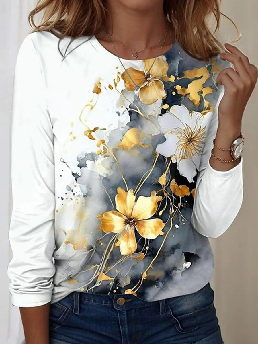 Floral Print Round Neck Long Sleeve Loose Comfy Blouse