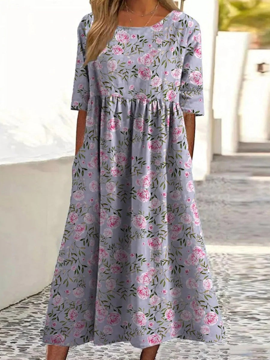 Floral Print Crew Neck Short Sleeve PleatedComfy Midi Dress