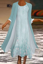 Floral Crew Neck Maxi Dress with Green 3/4 Sleeve Long Coat Two-Piece Set