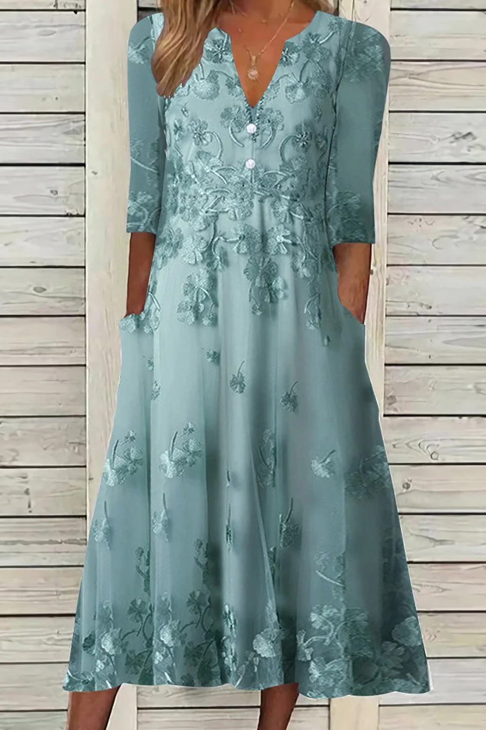 Green Floral V-neck Half Sleeve Pockets Comfy Midi Dress
