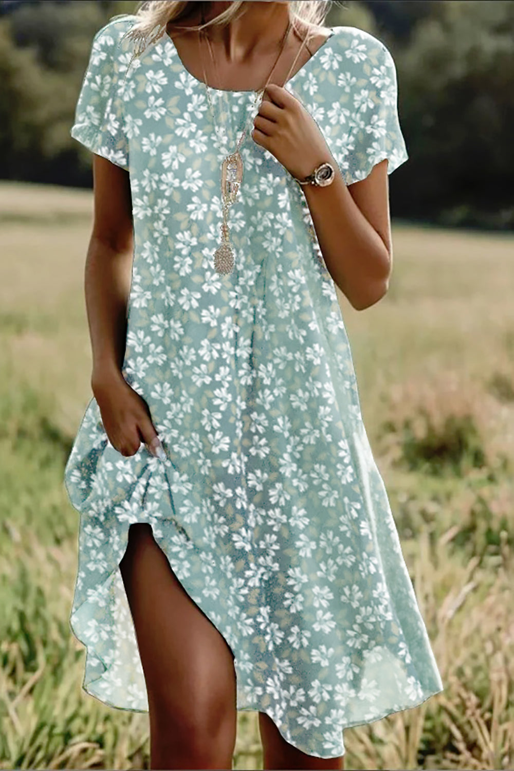 Floral Print Crew Neck Short Sleeve Lightweight Comfy Midi Dress