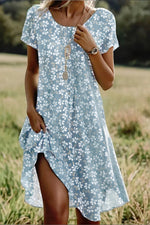 Floral Print Crew Neck Short Sleeve Lightweight Comfy Midi Dress