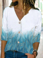 Leaf Print V-neck Buttons Long Sleeves Blouse