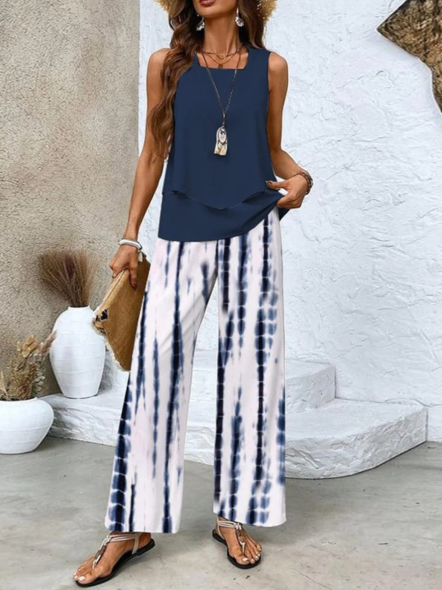 Square Neck Sleeveless Layered Hem Tank Top and Stripe Loose Pants Two Piece Set