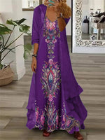 Graphic Printed V-neck Long Sleeve Maxi Dress Two Piece Set