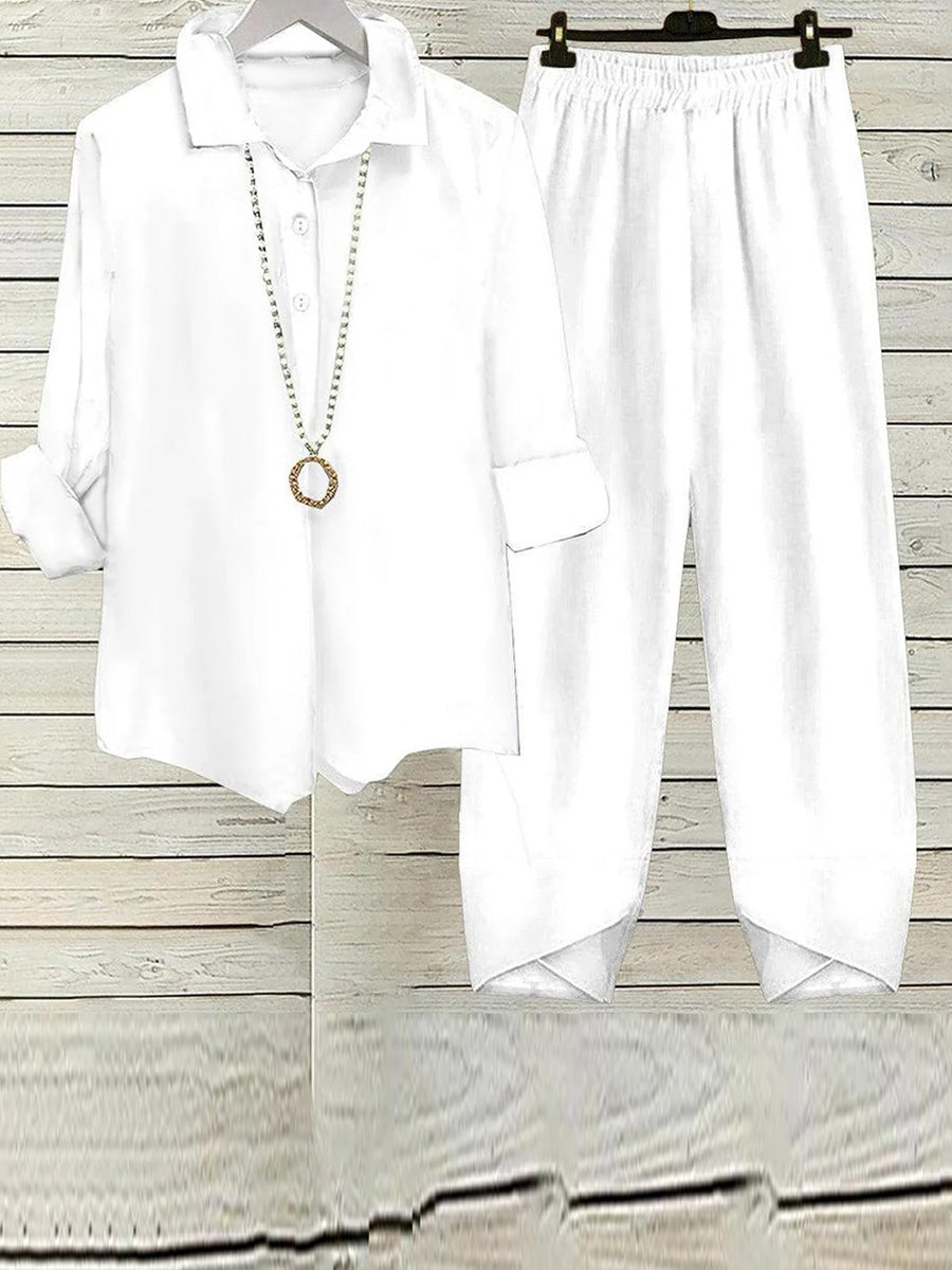 White Plain Round Neck Long Sleeve Two Piece Set