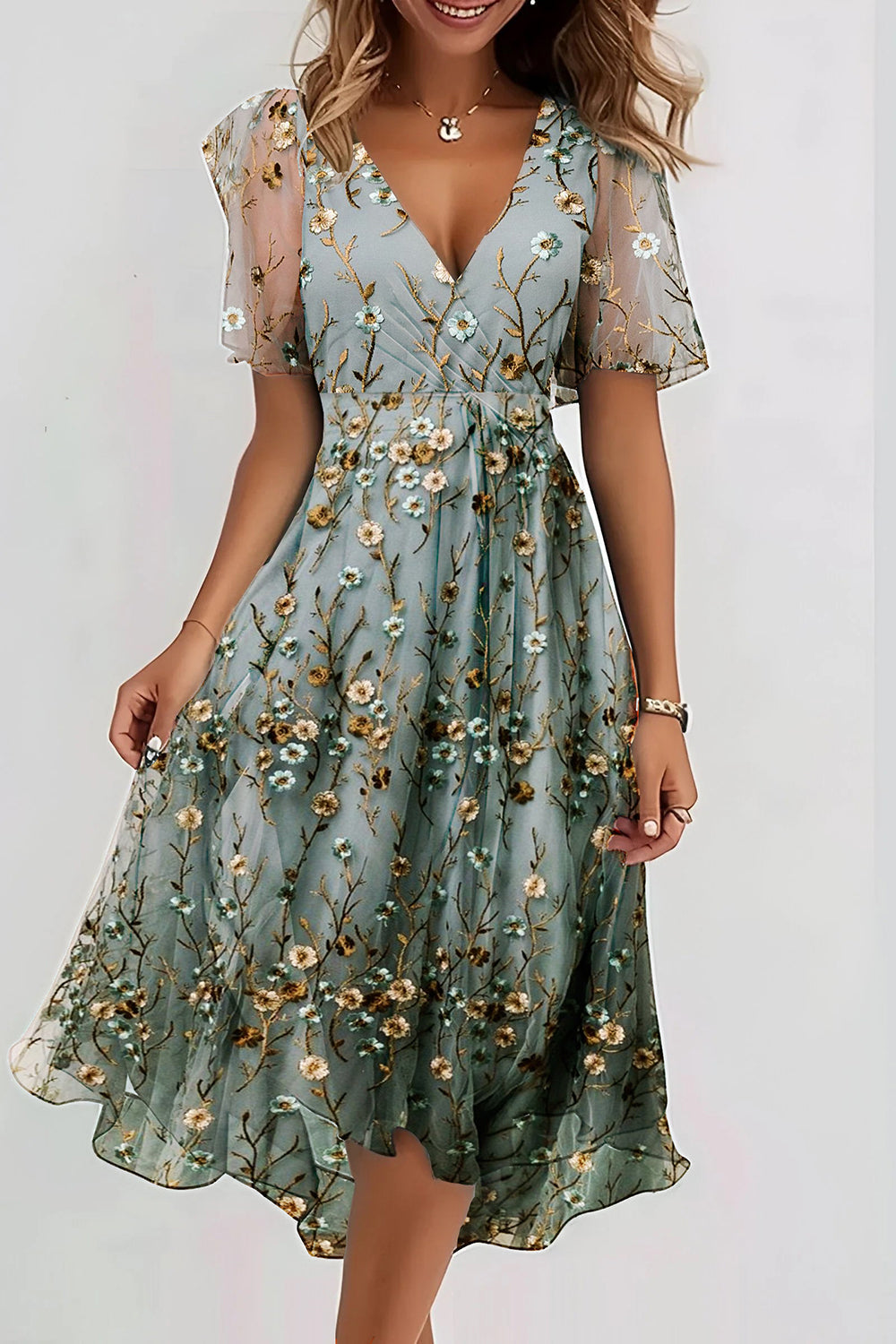 Elegant Floral Print V-neck Short Sleeve Midi Dress