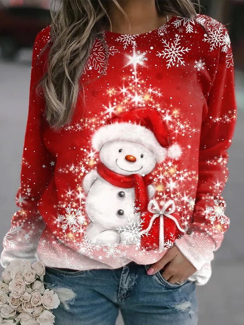 Snowman Snowflake Print O-neck Long Sleeves Sweatshirt