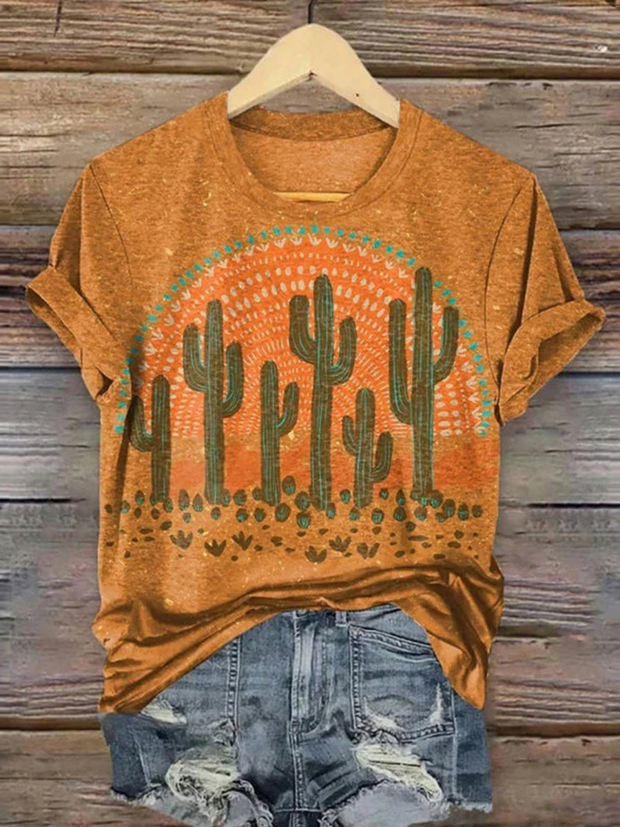 Cactus Print Round Neck Short Sleeve T-Shirt