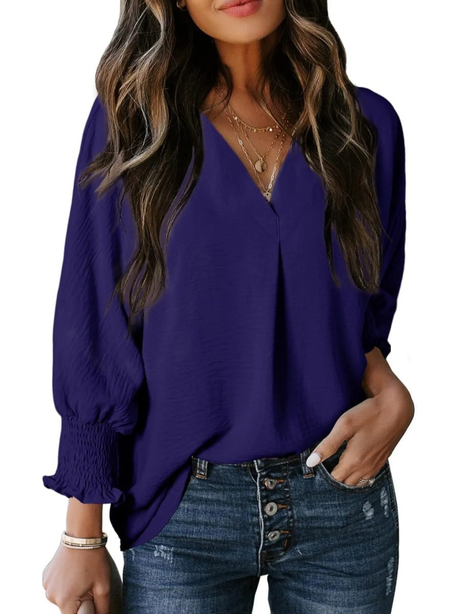 Solid Color V Neck Long Sleeve Loose Blouse
