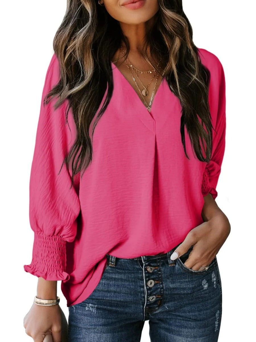 Solid Color V Neck Long Sleeve Loose Blouse