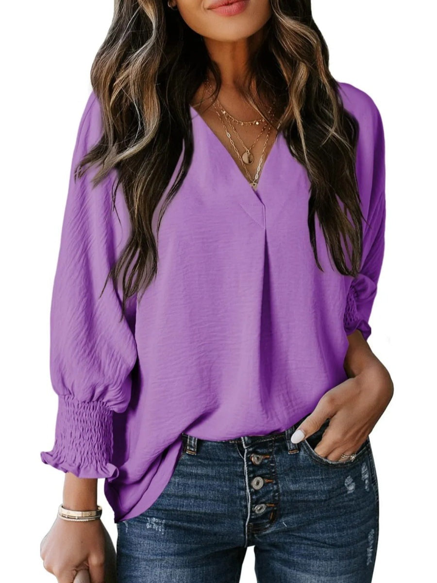 Solid Color V Neck Long Sleeve Loose Blouse