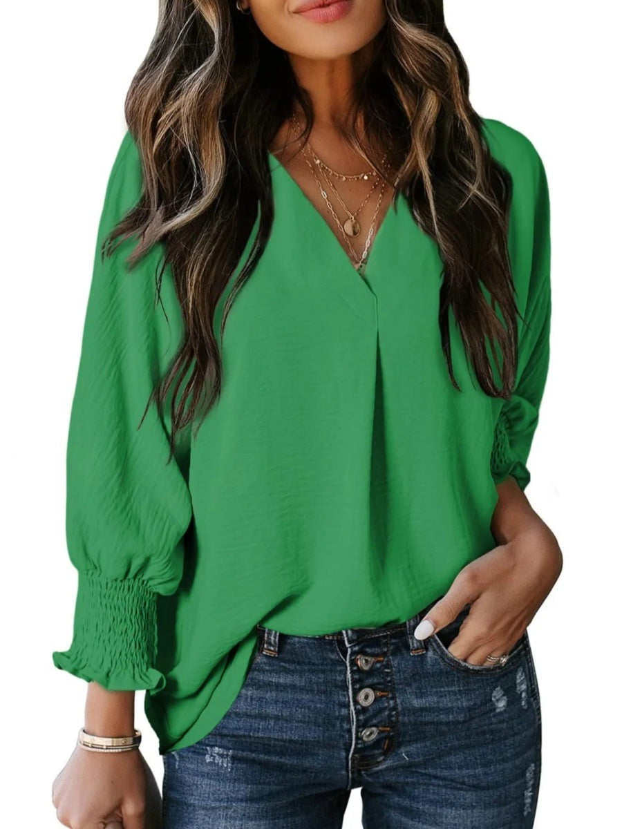Solid Color V Neck Long Sleeve Loose Blouse