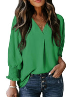 Solid Color V Neck Long Sleeve Loose Blouse