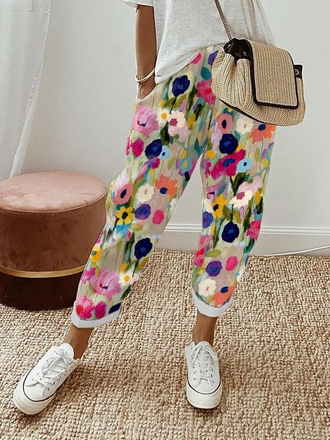 Floral Print Mid Waist Pocket Casual Pants