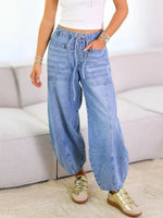 Solid Color Draw String Pocket Loose Casual Jeans