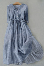 Stripe Print Lapel Half Sleeve Buttons Casual Comfy Midi Dress