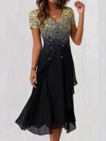 Sequins V-Neck Short Sleeve Flowy Comfy Midi Dress