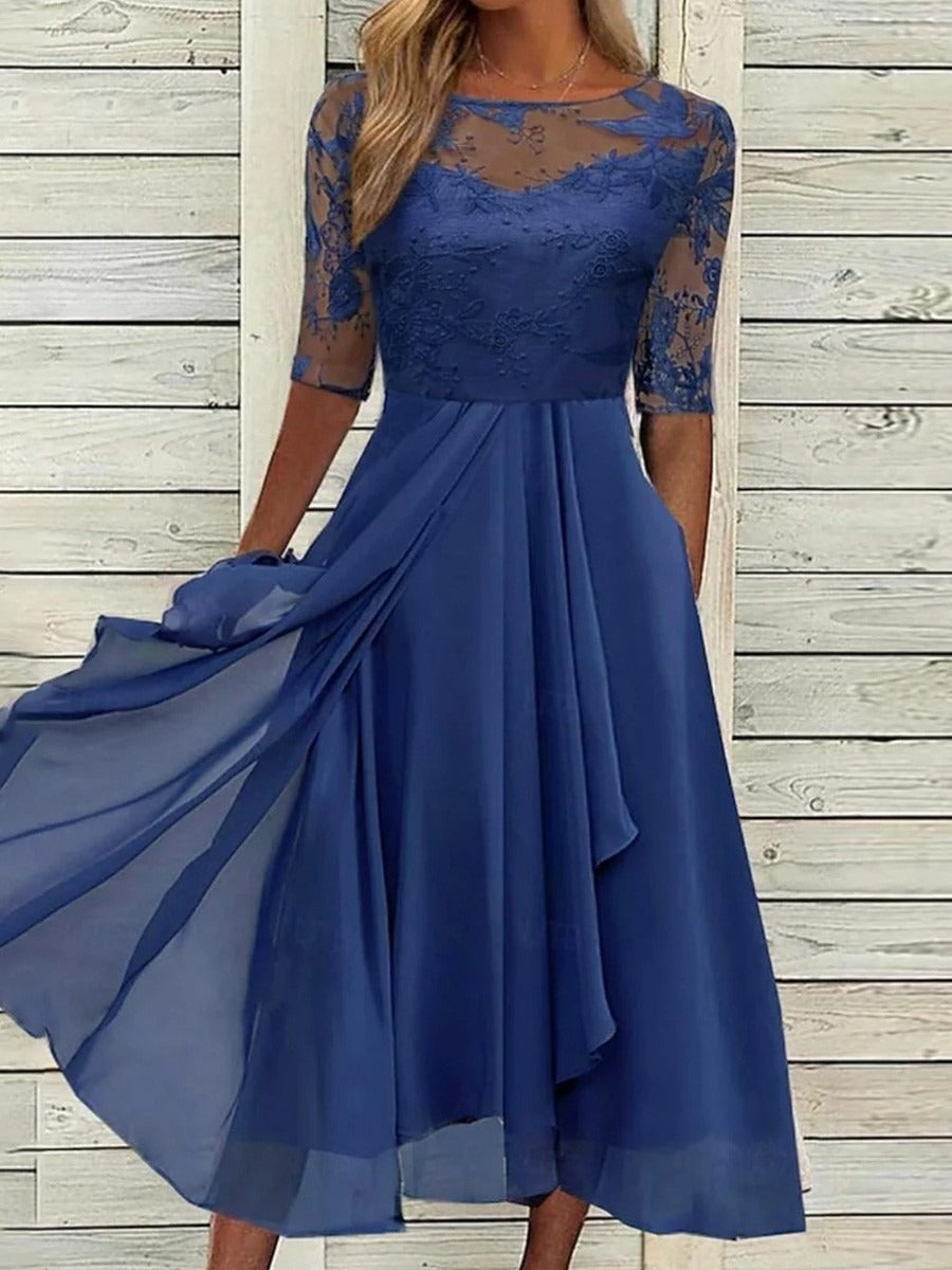 Solid Color Lace Crew Neck Half Sleeve Elegant Comfy Midi Dress