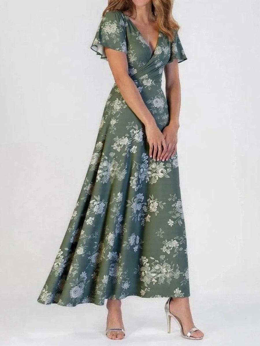Fresh Floral Print V-neck Short Sleeve Flowy Comfy Maxi Dress