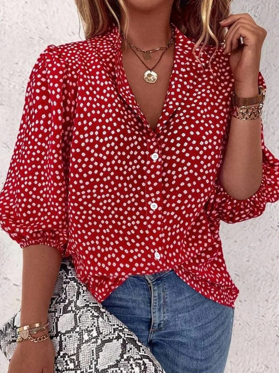 Floral Lapel 3/4 Sleeve Loose Casual Blouse