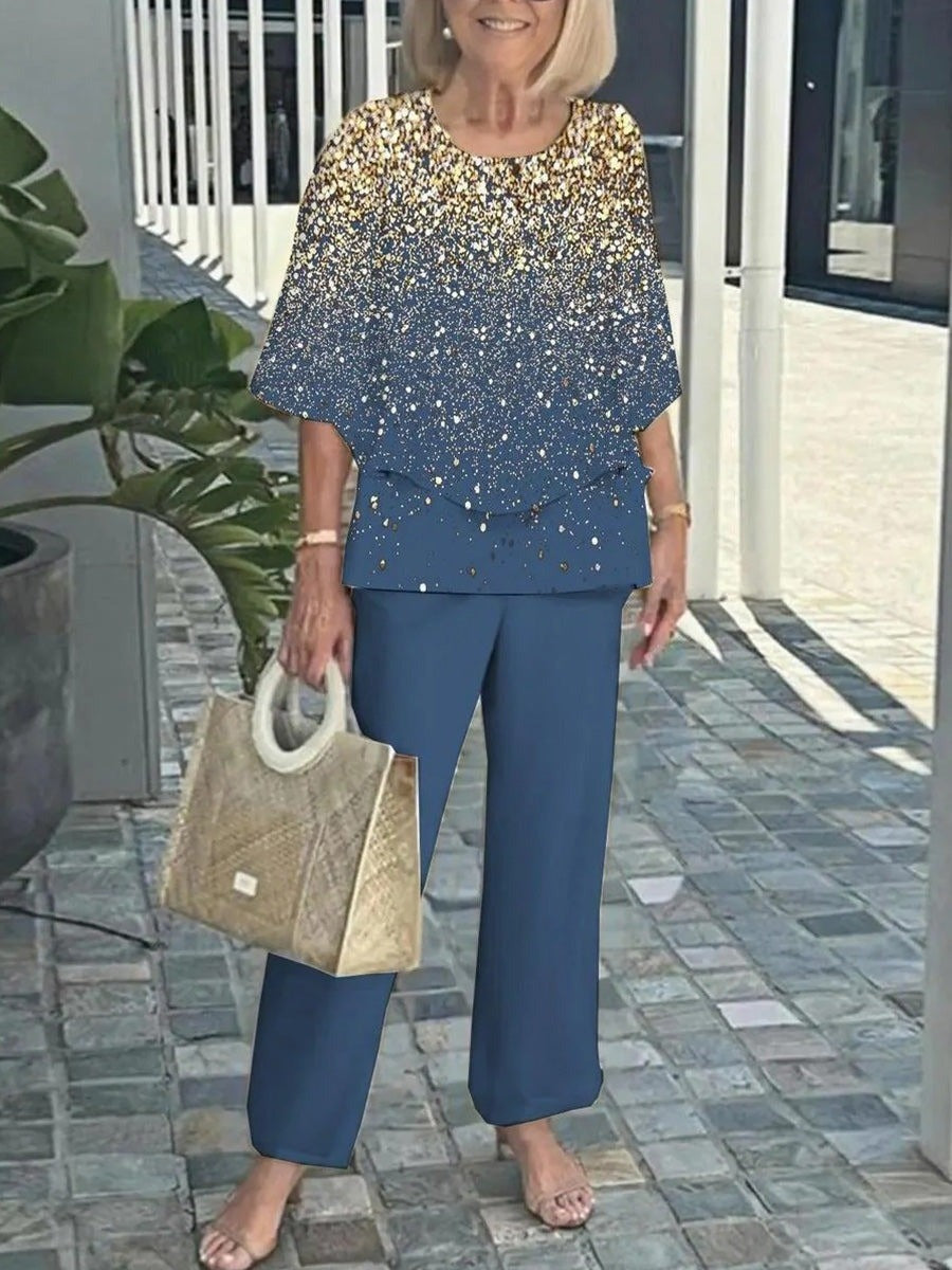 Glitter Round Neck 3/4 Sleeve Layered Hem Blouse and Loose Pants Two Piece Set